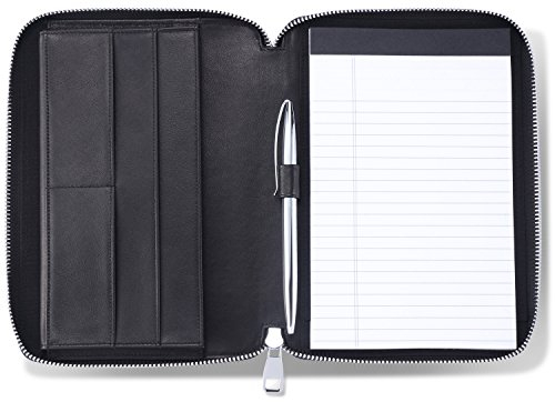 Leder-Junior-Padfolio für Damen und Herren, mit Stiftschlaufe, italienisches Kalbsleder, Business-Portfolio-Notizbuch, Ordner (Reißverschluss, schwarz)