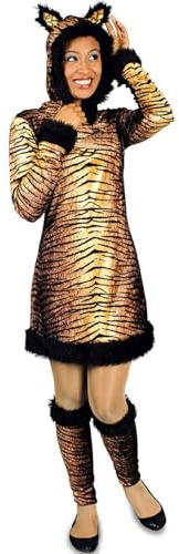 Tiger Tierkostüm für Damen | Kleid mit Stulpen - Fasching Mottoparty Safari Kostümkleid Damenkleid mit Kapuze Streifen Katze Wildkatze Wildnis Karneval Gr. 32/34