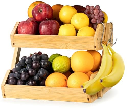 Golden Nature - Fruit Basket w/Banana Hanger - 2-Tier Bamboo Fruit & Vegetable Storage Organiser for Kitchen Counter - Lightweight & Easy Assembly Countertop Fruit Stand Holder Bowl w/Screws