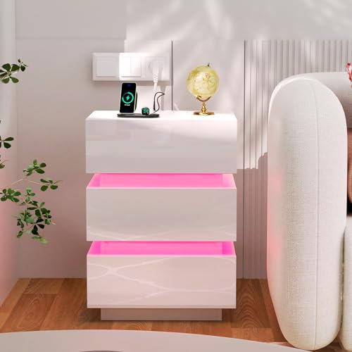 Lvhecforhm Table de Chevet avec Éclairage LED, Blanc Table de Nuit avec Station de Charge, Haute Brillante avec 3 Tiroirs, pour Chambre à Coucher, 2 Prises et Ports USB