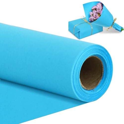RIBBOOO 15 Inch X 32ft Blue Wrapping Papper, Kraft Wrapping Paper for Gift Wrapping Flower Bouquet Packing Birthday Christmas Mother's Day Wedding Valentine's Day Decor