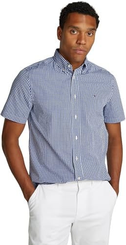 Tommy Hilfiger Men’s Short Sleeve Flex Poplin Check Shirt, Multicolor (Wedge Blue/Check), L