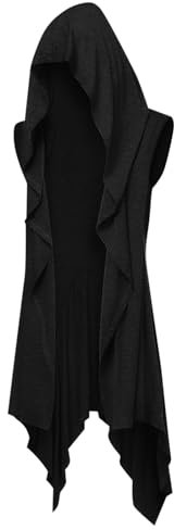 Runcati Herren Rüschen Jacke Lange Kapuze Ärmellos Schal Kragen Cardigan Drapiert Einfarbige Leichte Cape Mantel,Schwarz,XXL