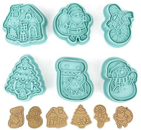 Formine per Biscotti Natale, 6 Pezzi Stampi Biscotti Natalizi, 3D Tagliabiscotti di Natale in Silicone, Pupazzo di Neve Calzino Albero di Natale Tagliapasta Set