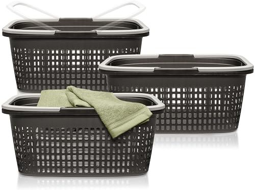 Hausfelder Wäschekorb 3er Set 58x37x25cm, Wäschekörbe 35l mit Henkel zum Stapeln aus Kunststoff (Anthrazit-Schwarz, 3 Körbe)
