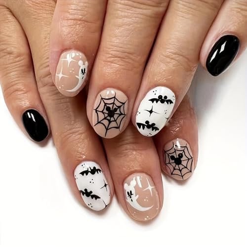 Halloween Stick on Nails - 24pcs Black White Fake Nails - 12 Sizes Oval False Nails with Glue - Press on Nails with Spider Web,Bat and Ghost Designs - Full Cover Acrylic Glue on Nails for Women Girls