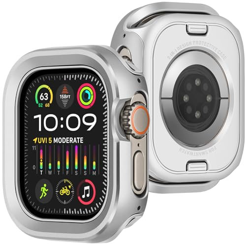 ZZDZZ 2 in 1 Cover Compatibile con Apple Watch Ultra 2/Ultra 49mm, Custodia Rigida Metallo Cornice Anti-Graffio Cover Protettiva per iWatch 49mm (Argento)