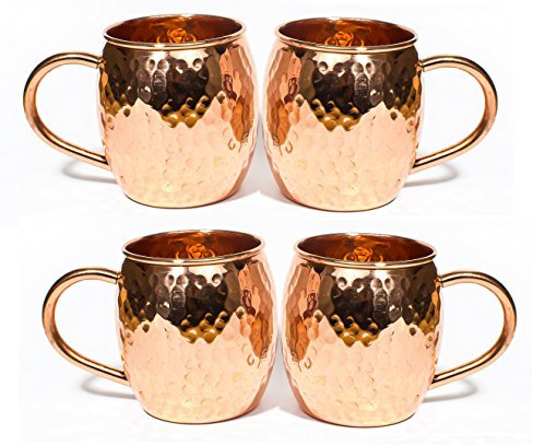Lot de 4 tasses Moscow Mule – 100 % cuivre massif pur, 473,6 g non doublé, intérieur sans nickel, design martelé fabriqué à la main