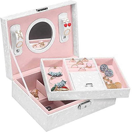 Aufbewahrungsbox Schmuckschatulle Damen Groß Weiß Schmuckschatulle 2 Ebenen mit Schlüssel und Spiegel PU Leder für Halsketten Ringe Ohrringe Armbänder Eine Uhr Rosa Brillen Aufbewahrungsbox