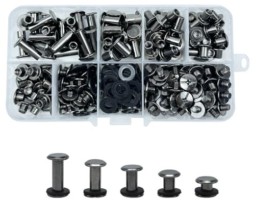 KUKUJIWA Juegos Remaches Tornillo de Encuadernacion,Juego de tornillos Chicago,M5*4/6/8/10/15 mm Remaches De Cuero Para Bolso Metal Para Bolsas,Collares,Mochila,Correas (Negro brillante)
