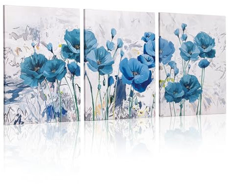 Sequpr Leinwand Bilder Blaue Blume, Wandbilder mit Rahmen 3er set, Modern Kunstdruck Wanddeko Bilder für Wohnzimmer Schlafzimmer Küche Esszimmer und Büro 30 x 40 CM