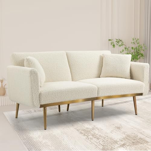 Arhatreya 2-Sitzer Sofa aus weichem Teddystoff, Umwandelbar in EIN 3-Fach verstellbares Schlafsofa, Robuste Metallfüße, Geeignet für Wohnzimmer, Schlafzimmer, Weiß