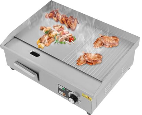 Kommerzieller Elektrogrill,halbflacher Arbeitsplattengrill,Grillplatte 36x30 cm Edelstahl-Restaurantgrill mit abnehmbare Ölauffangbehälter,Spritzschutz (0003)