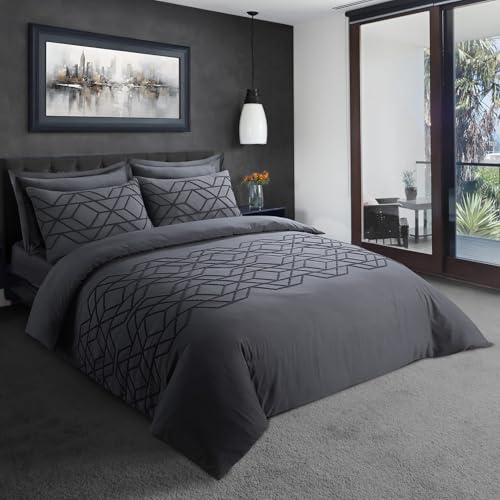 LYMA Bedding Duvet Cover Set Single Geometric Tufted, OEKO-TEX Certified, Ultra Soft NanoPlush Double Brushed Quick Dry, Button Closure, Wrinkle Fade Resistant Quilt Cover with Pillowcases (Dark Grey)
