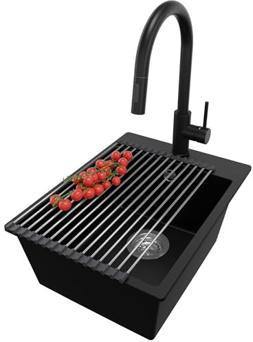PRIMAGRAN Evier Cuisine en Granit Noir 38x50cm, Lavabo 1 bac + Kit de Vidage + Robinet 40x20cm + Égouttoir Enroulable, Évier à Encastrer au meuble 40cm - Riga