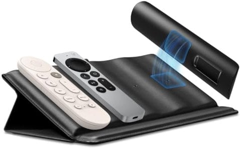 Spigen Remote Control Holder for Universal Remote Controls Remote Caddy with 4 Compartments Leather Remote Control Organizer with Magnetic Holder - Black