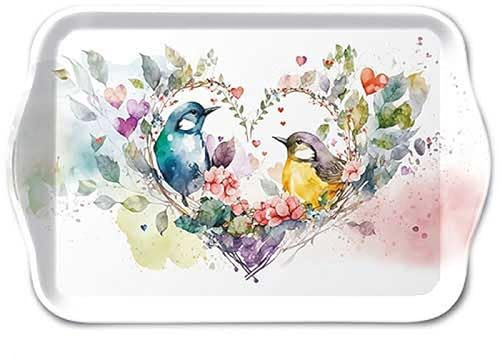 Ambiente Tablett 13x21cm Melamin mit Vogelpaar & Herz Motiv - zum Dekorieren & Servieren - kleines Serviertablett für Kaffee Tee Frühstück - Tischdeko Valentinstag Hochzeit - Dekotablett Weiß Bunt