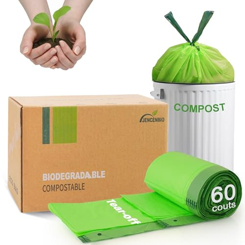 JENCENBIO Compostable Bin Liners with handles Tear Off 20 Liter Compostable Food Scrap Waste Bags with Europe OK Compost Home Certified 60 Counts Green