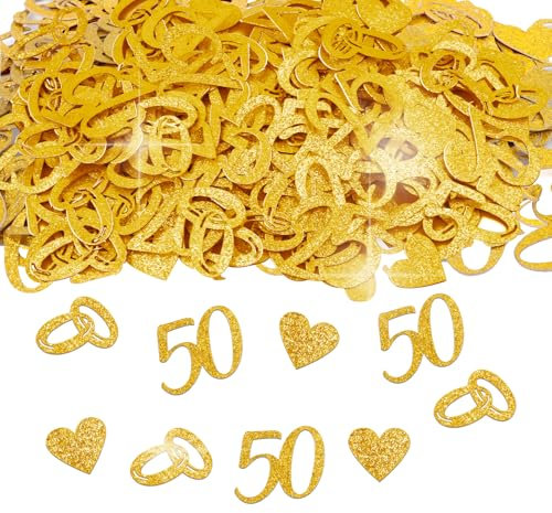 180 Stück Goldene Hochzeit Deko, Deko Goldene Hochzeit Tischdeko, Doppelseitige Streudeko mit 50, Ringe, Herz Motiven, Konfetti für das 50. Jubiläum, 50 Hochzeitstag