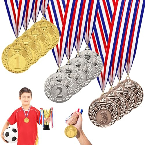 Fhioevt 12 Stück Medaillen Kinder Gewinner Medaille mit Gravur Gold Silber Bronze Medaillen mit Band Auszeichnung Metall Medaillen für Kinder Erwachsene Party Spiele Wettkämpfe Sport (5 cm)