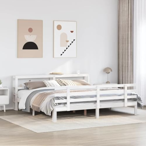 vidaXL Bed Frame with Headboard - White Wooden Super King 180x200 cm/Solid Pine/Bedroom Furniture with Storage Shelves
