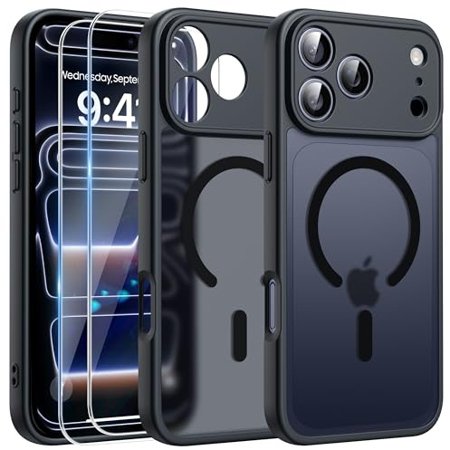 FLLAO 3 in 1 Magnetic Case for iPhone 17 Pro with 2X HD Screen Protector, Compatible with MagSafe, Slim Shockproof Military-Grade Drop Protection, Translucent Matte Hard Back Bumper Cover, Black