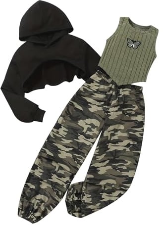 Sxiwei Mädchen Sportbekleidung Street Dance teiliges Gymnastik Tanz Hip Hop Hoodie Langarm Pullover Sport Top Cargo Hosen Schwarz Armeegrün 134-140