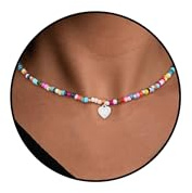 Esmoly Bunt Perlenkette Damen Handgefertigt Boho Kette mit Buchstaben A-Z Geschenke für Frauen Mädchen 14+2 Inches (Silber M)