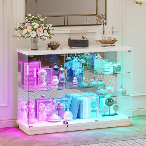 Gurexl RGB vitrin med dynamiska ljus och USB, utställningsvitrin med rörelsesensor, samlarvitrin med glasdörr med lås för vardagsrum, kontor, vit