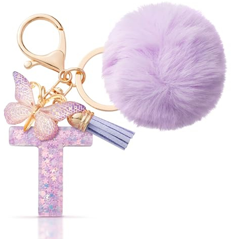 CHUQING Schlüsselanhänger Buchstabe Geschenke Mädchen mit Pompon | Schlüsselanhänger mit Buchstabe und Pompon, süßer Schmetterling Keychain als Geschenk für Mädchen und Damen