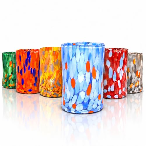 MAZZEGA ART & DESIGN – 6 farbige Gläser, mundgeblasen aus Muranoglas, geeignet für Wasser, Erfrischungsgetränke und Cocktails, 395 ml, 12 cm hoch. Hergestellt in Italien. (6, MIX)