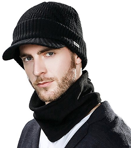 Comhats Winter-Set mit Wollgestrickter Schirmmütze und Fleece-Schal/Halswärmer für Herren und Damen - Warme gestrickte Schirmmütze 69311_Schwarz M
