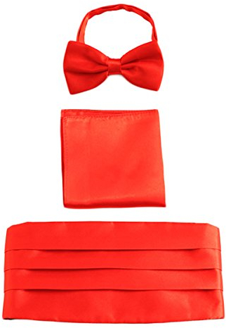 WANYING Herren Satin Kummerbund Fliege Einstecktuch 3 in 1 Set für Hochzeit Party Ball Banquet Smoking Gentleman - Einfarbig Rot