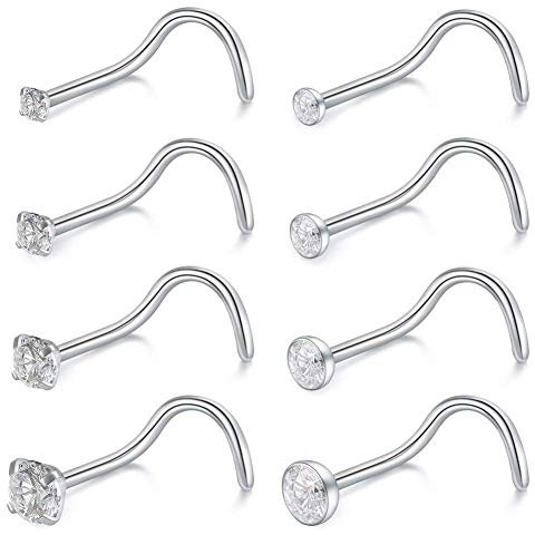 AceFun 8 STK Nasenstecker Spirale Stecker 316L Chirurgenstahl 18 Gauge mit 1.5/2.0/2.5/3.0mm CZ Strass Nasenpiercing Zirkonia Nasenschmuck Silber Farbe
