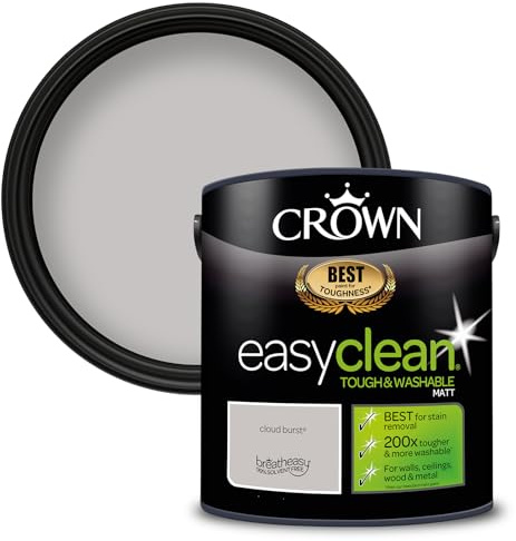 Crown EASYCLEAN Concrete Grey Matt Emulsion Wall Paint - Washable 2.5L | Stain resistant Cloud Burst 200x tougher. Wipeable on walls, ceilings, wood & metal. Ideal for hall & kids' rooms. Low VOC