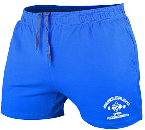 Muscle Alive Herren Bodybuilding Fitnessstudio Trainieren Kurze Hose Frottee-Baumwolle 5 MA Blau M
