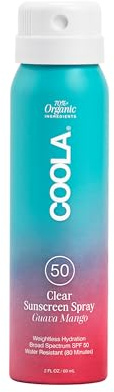 COOLA Organic Sunscreen SPF 50 Sunblock Spray, Dermatologist Tested Skin Care for Daily Protection, Vegan and Gluten Free, Guava Mango, Travel Size, 2 Fl Oz