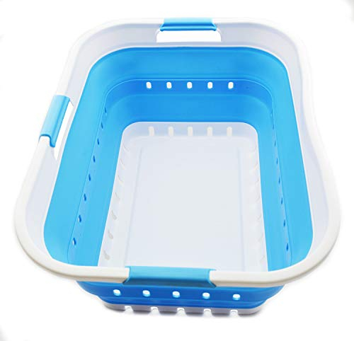 SAMMART 42L Collapsible Plastic Laundry Basket - Foldable Pop Up Storage Container/Organizer - Space Saving Hamper/Basket (White/Marine Blue, 1)