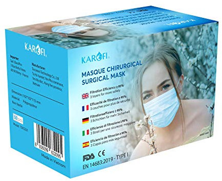 KAROFI - Mascherine Chirurgiche TIPO I MEDICO, 3 STRATI, BFE ≥ 95%, testate e approvate, certificate CE EN 14683: 2019, pacco da 50