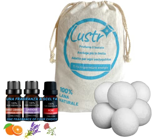 LUSTR, Palline per asciugatrice, profumatore asciugatrice, Palline asciugatrice, Profumo asciugatrice, Lana, profumi, 6 Palline + Olio Essenziale Rosa Dolce