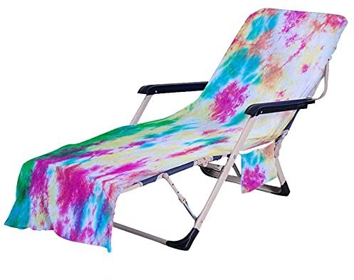 Strandkorb-Handtuch mit Seitentaschen, bunter Chaiselongue Handtuchbezug für Sonnenliege, Pool, Sonnenbad, Garten, Hotel, Bunt Tie-dye Muster,210 x 75 cm (Farbe E, 75 × 210 cm)