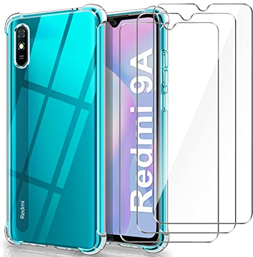 YNMEacc Schutzhülle für Xiaomi Redmi 9A, transparent, Redmi 9AT mit 3 Hartglas-Displayschutz [verstärkte Ecken], weiches Silikon, stoßfest, Bumper für Xiaomi Redmi 9A/9AT