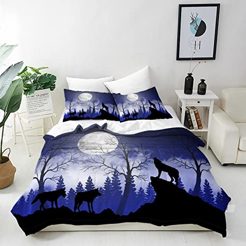 ANHOPE Wald Wolf Mond Bettwäsche Set 3 Teilig Bettbezug 135x200 cm & 2 Kissenbezug 50x70 cm Microfaser Bettbezüge mit Reißverschluss Weich Ganzjahres Bettdeckenbezug Set