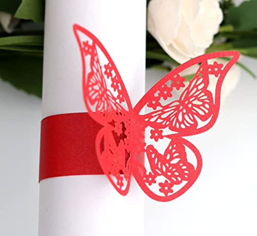 Duories 50 Stück Schmetterlings Papier Serviettenringe als Tischdeko,Serviettenhalter Serviettenschnallen für Hochzeitsfeier Abendessen Jubiläum Geburtstag Party Weihnachten Tischdekoration,Rotes B