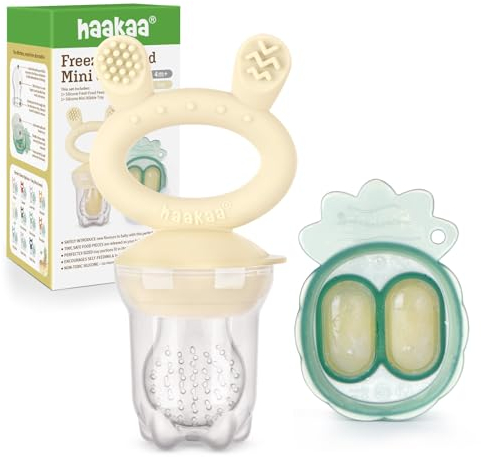 Haakaa Baby Fruit Food Feeder & Mini Freezer Nibble Tray Combo, Breastmilk Popsicle Molds for Baby Cooling Relief, BPA Free Silicone Feeder for Safe Infant Self Feeding, 4 Month+ (Oat)