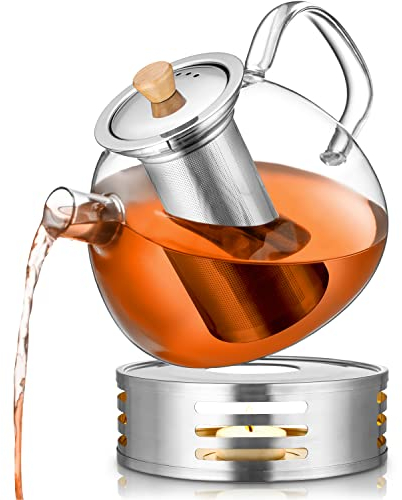 PORADA Tetera de cristal de 1500 ml con calentador de acero inoxidable, infusor de té, tetera con colador, tetera turca