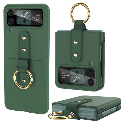 HWeggo Funda para Samsung Galaxy Z Flip 4 2022 con Anillo,Ultra Slim Rígido PC Anti-Rasguño y Resistente Protectora Carcasa,con Protector de Pantalla Exterior,Verde