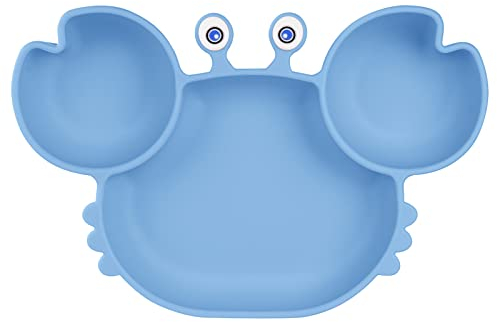 Vicloon Baby Teller, Silikon Babygeschirr Rutschfest mit Saugnäpfen, BPA-Frei, Kinderteller Abwaschbar für Spülmaschine, Kinderteller für Baby Kleinkind und Kinder (blau-Krabbe