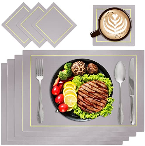 Ocves Placemats and Coasters Sets of 4, PU Leather Table Mats Heat Resistant Washable Waterproof Table Mats 43x30cm and Leather Coasters, Dinner Mats for Kitchen Dining Table Home Restaurant(Grey)