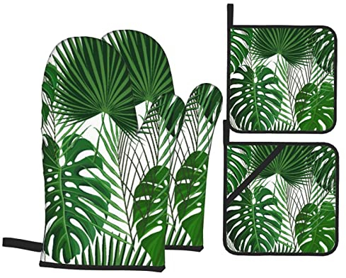 Handschuhe Und Topflappen-Set, Grünes Tropisches Monstera-Blatt Topflappen Mit Aufhängeschlaufe Topfhandschuhe Waschbarer Hot Pads Kits Für Cafe Kitchen Grillen